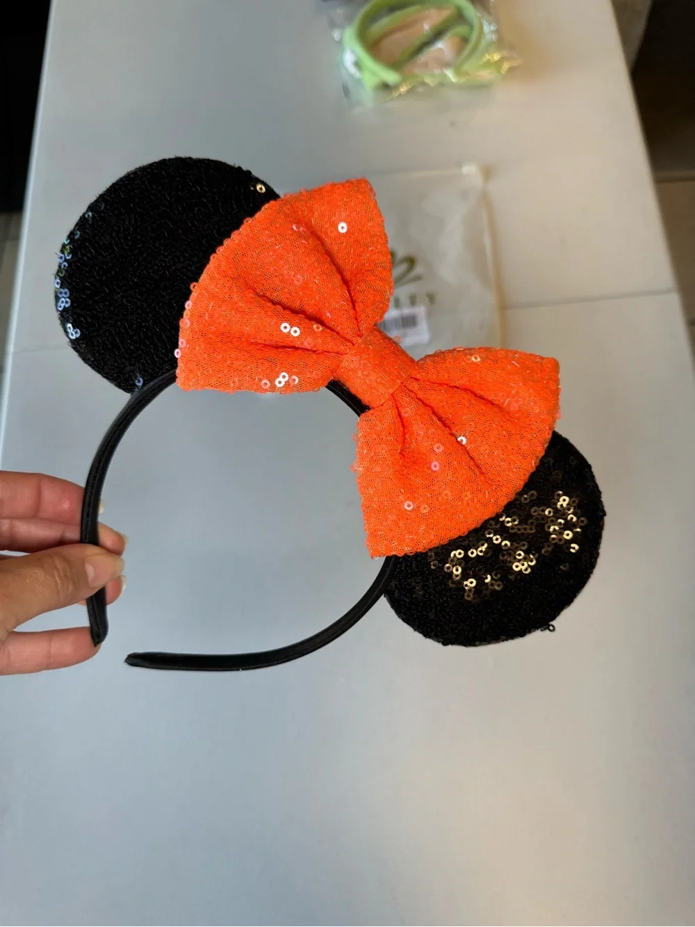 Sequin Halloween Minnie Ear Headband with Orange Bow